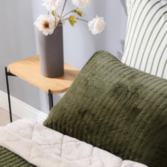 King Size Bed Army Green Striped Velvet Quilted Coverlet Bedspread Shams Set New - Picture 9 of 16